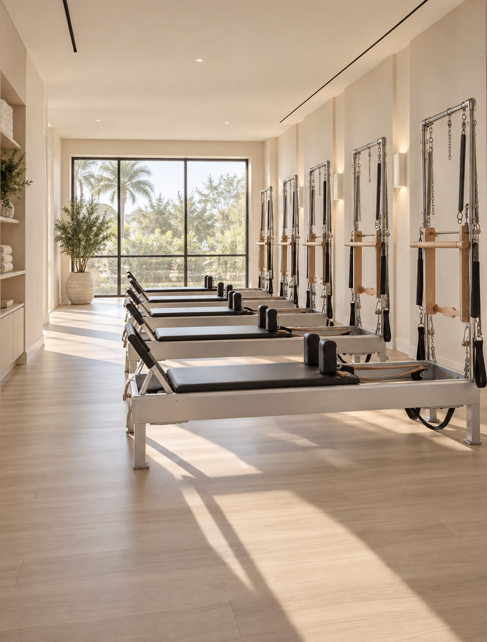 Instructor guiding a client beside classical Pilates apparatus