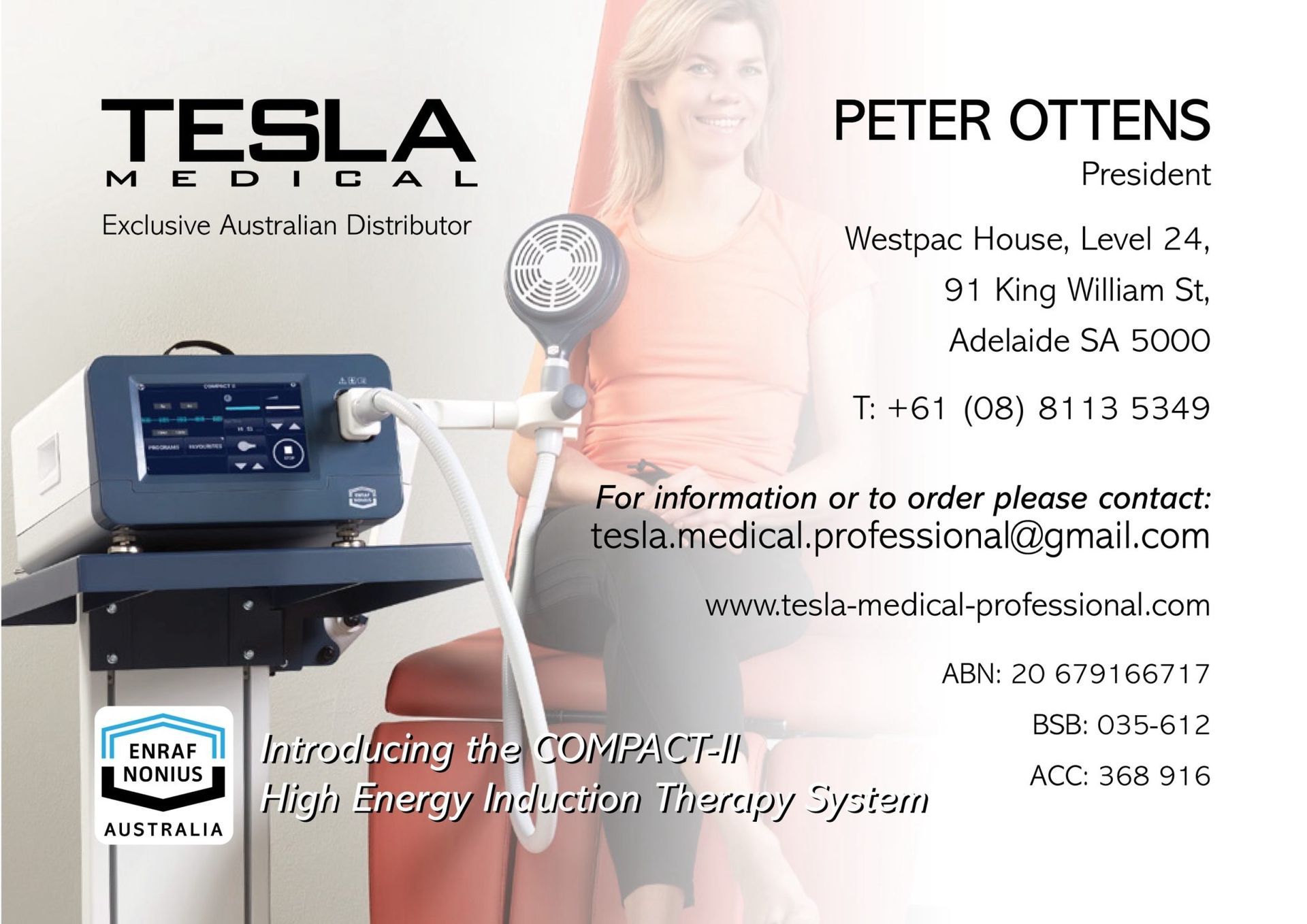 Business card for Tesla Medical featuring a woman using a Compact-II therapy system.