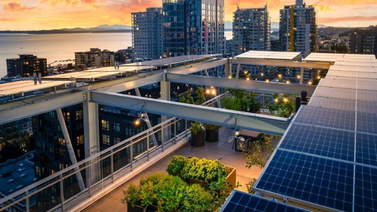 There are a lot of solar panels on the roof of a building.