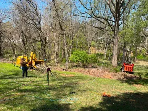 A worker operates a yellow wood chipper in a grassy yard near woods, with a red mini skid steer parked nearby.
