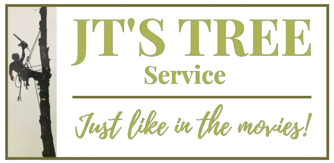 Logo for JT's Tree Service featuring a silhouette of a person working on a tree with the slogan "Just like in the movies!"