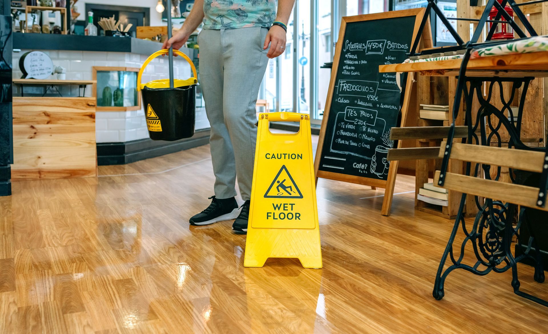 Person with a bucket stands near a wet floor sign in a cafe. The hardwood floor is glossy.
