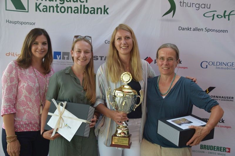 Vier Frauen posieren mit einem grossen Pokal und Urkunden bei einer Sportpreisverleihung.