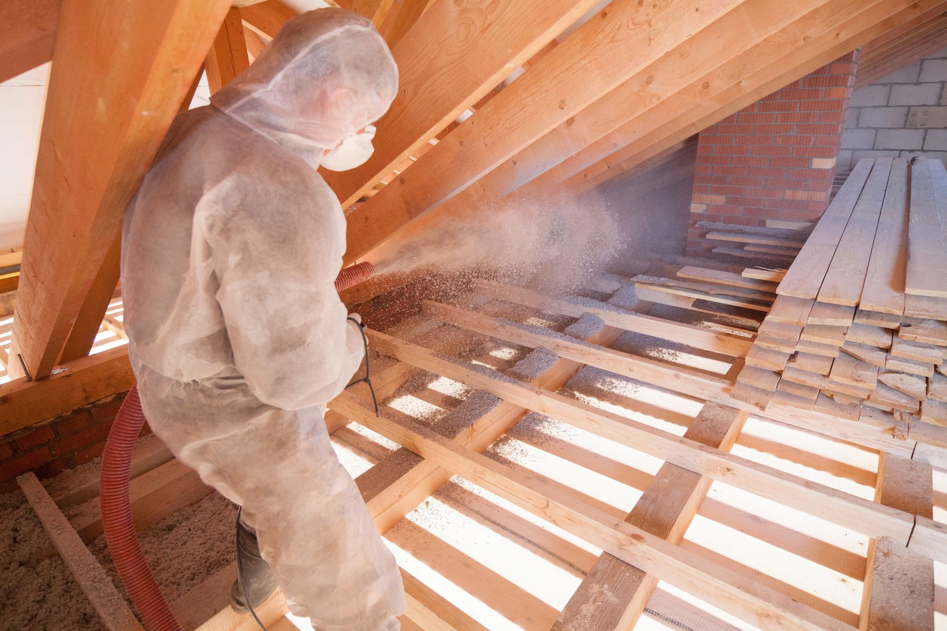A man in a protective suit is spraying insulation in an attic.