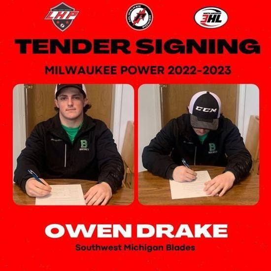 Red poster showing Owen Drake signing with Milwaukee Power 2022-2023, with two signing photos and logos on top