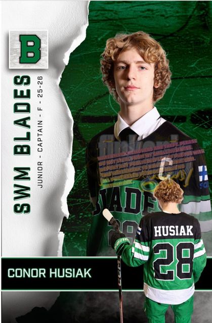 Hockey trading card for Conor Husiak in green and black SWM Blades uniform, holding a stick.