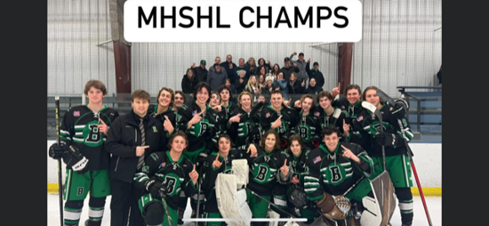 MHSHL CHAMPS hockey team posing on the ice with a championship sign above them