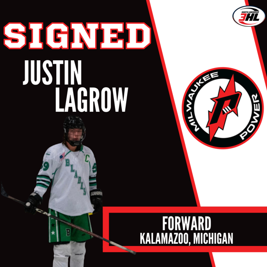 Justin Lagrow signed announcement, Milwaukee Power forward from Kalamazoo, Michigan, with player photo and team logo