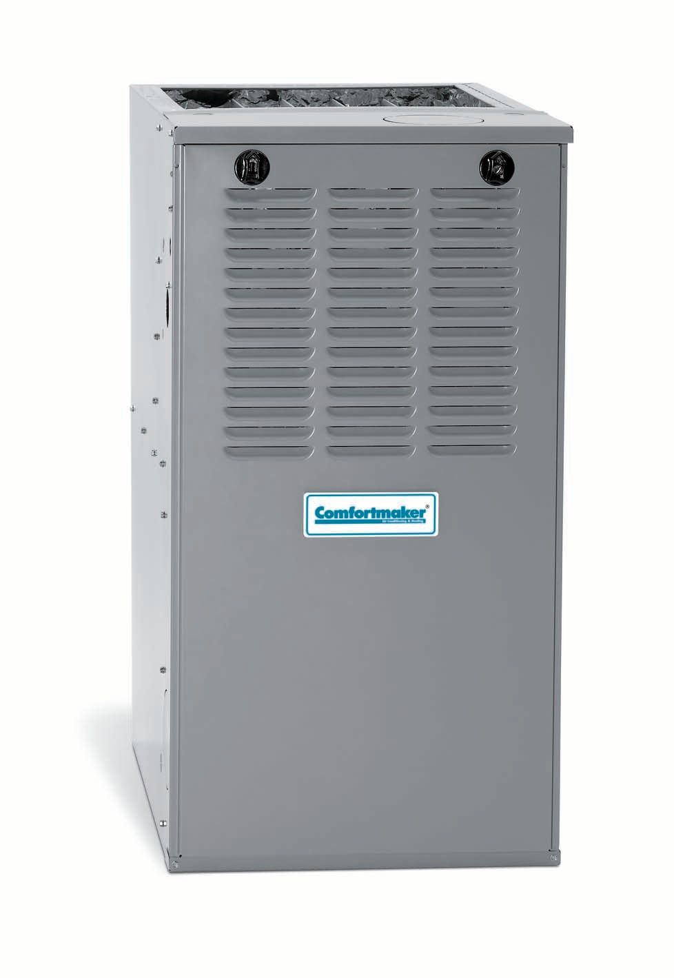 Gray metal furnace with front vents and a top grille, shown against a white background