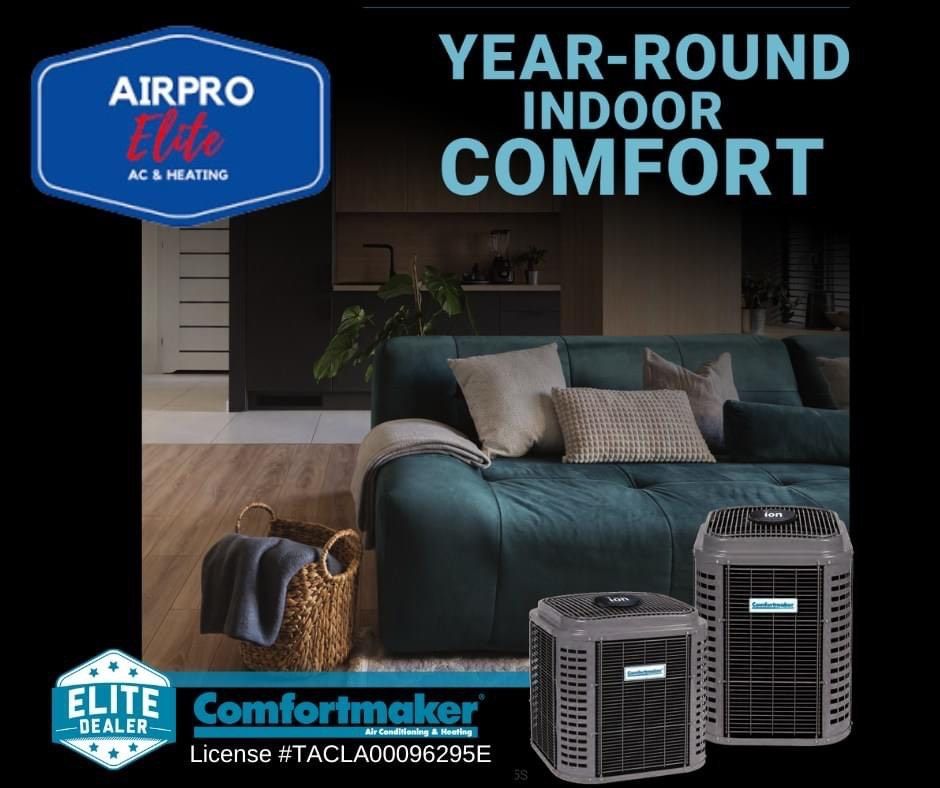 Living room with AirPro Elite Comfortmaker HVAC units and “Year-Round Indoor Comfort” text