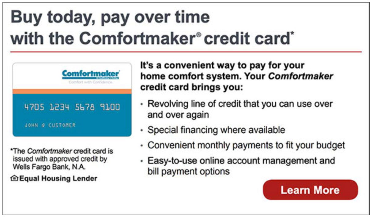 Promotional ad for Comfortmaker credit card with blue card image and “Buy today, pay over time” text