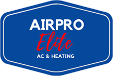 Blue hexagonal AirPro Elite AC & Heating logo with white and red text