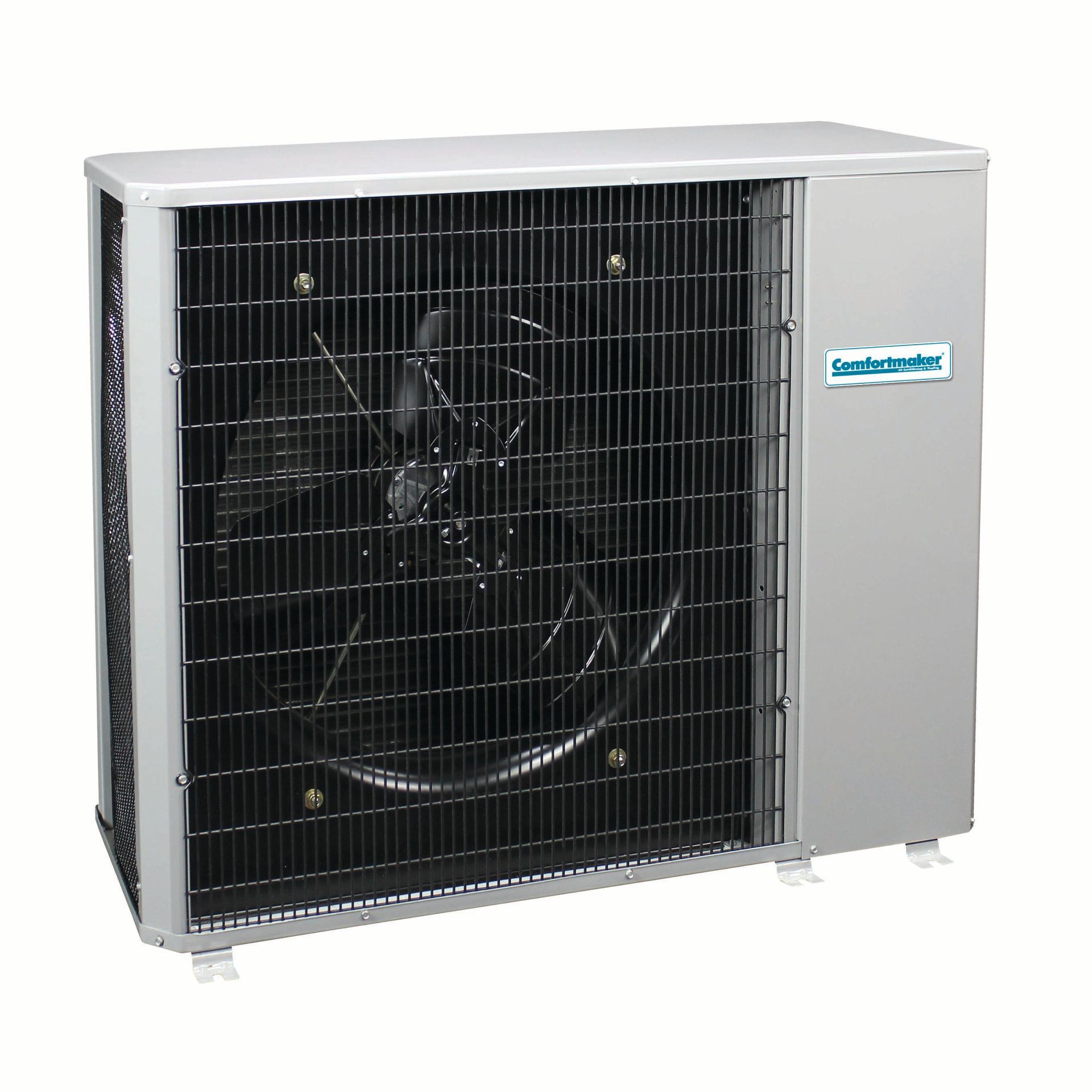 Outdoor air conditioner condenser unit with black fan behind a metal grille and a silver housing