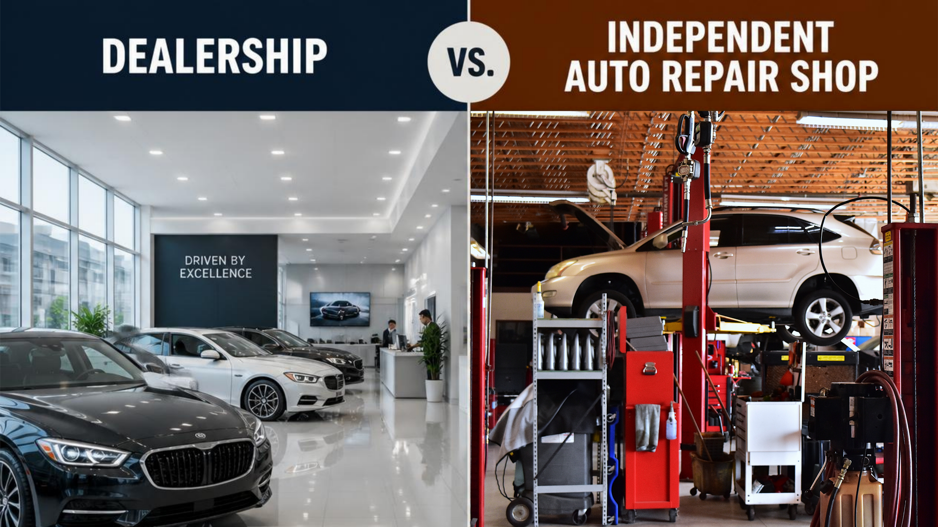 Comparison of dealership service and an independent local auto repair shop for vehicle service