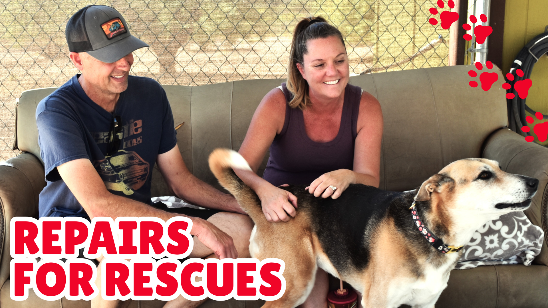 Owner Danny and wife Felicity of Precision Tire and Auto petting a senior rescue dog at Rusty’s