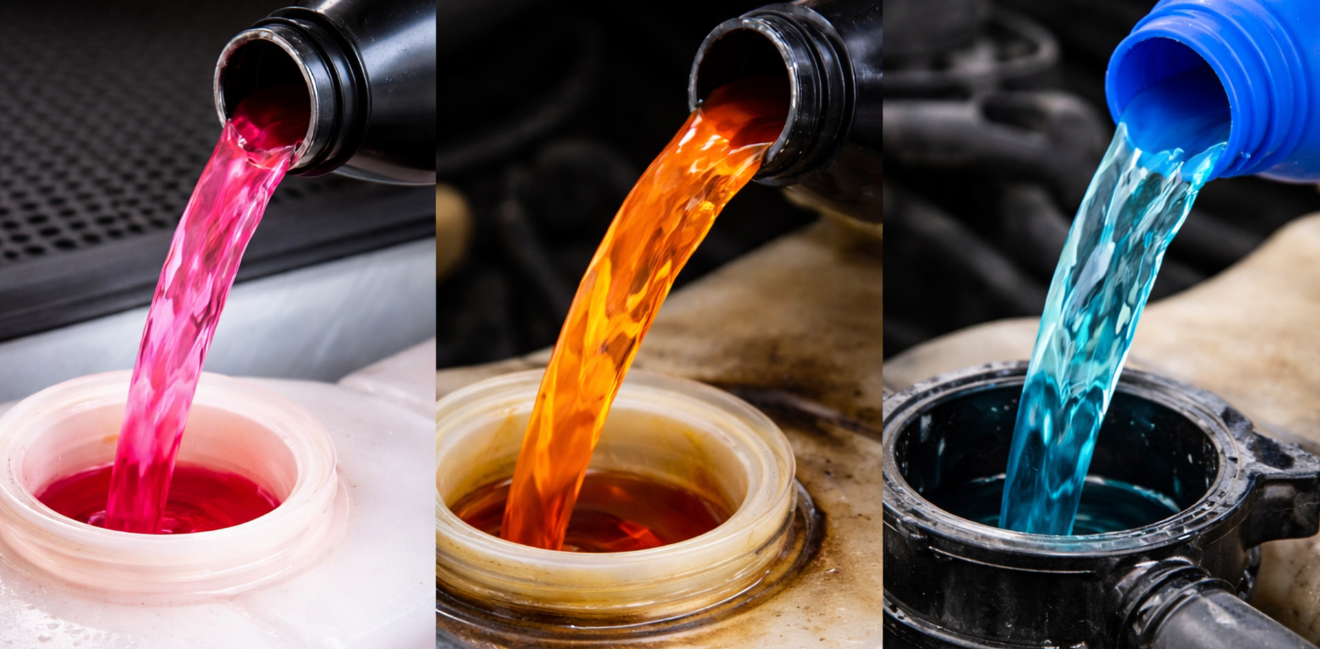 Three different color engine coolants being poured showing the risk of mixing incompatible formulas