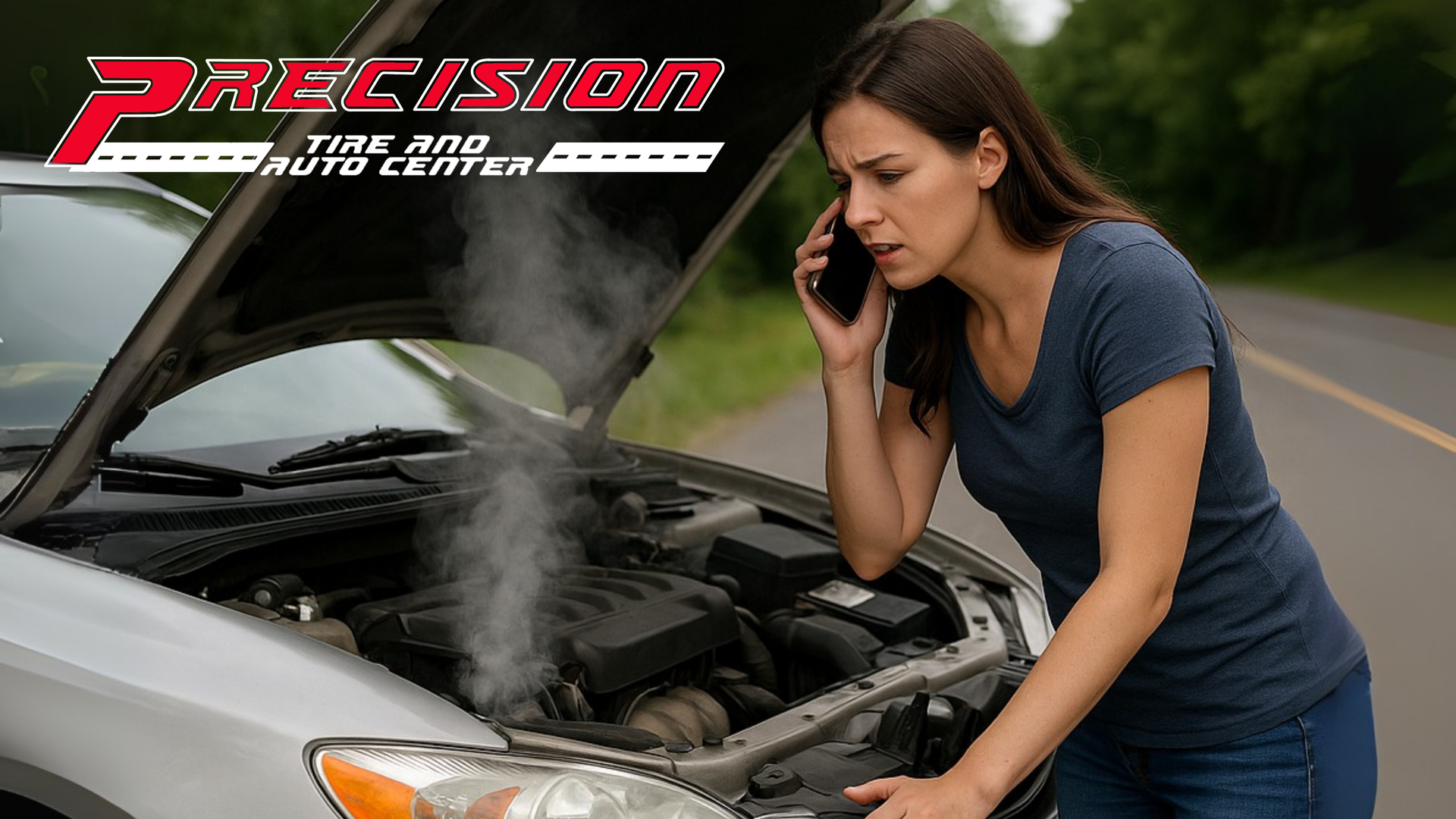 Woman standing beside car with hood up and engine overheating, calling for roadside assistance 