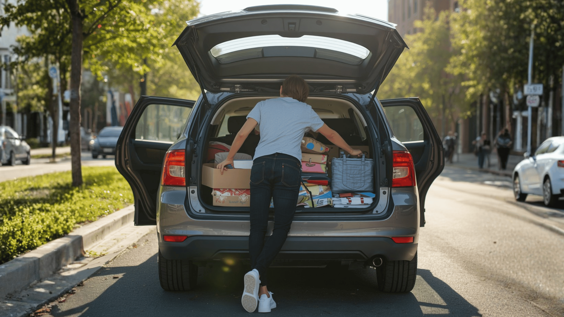 College student packing a vehicle with luggage before heading back to school after a back-to-school