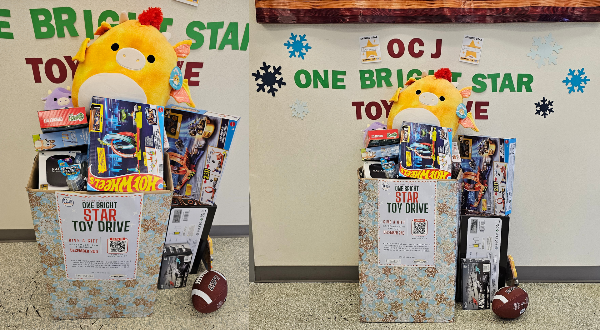 OCJ Toy Drive donation station at Precision Tire and Auto Center