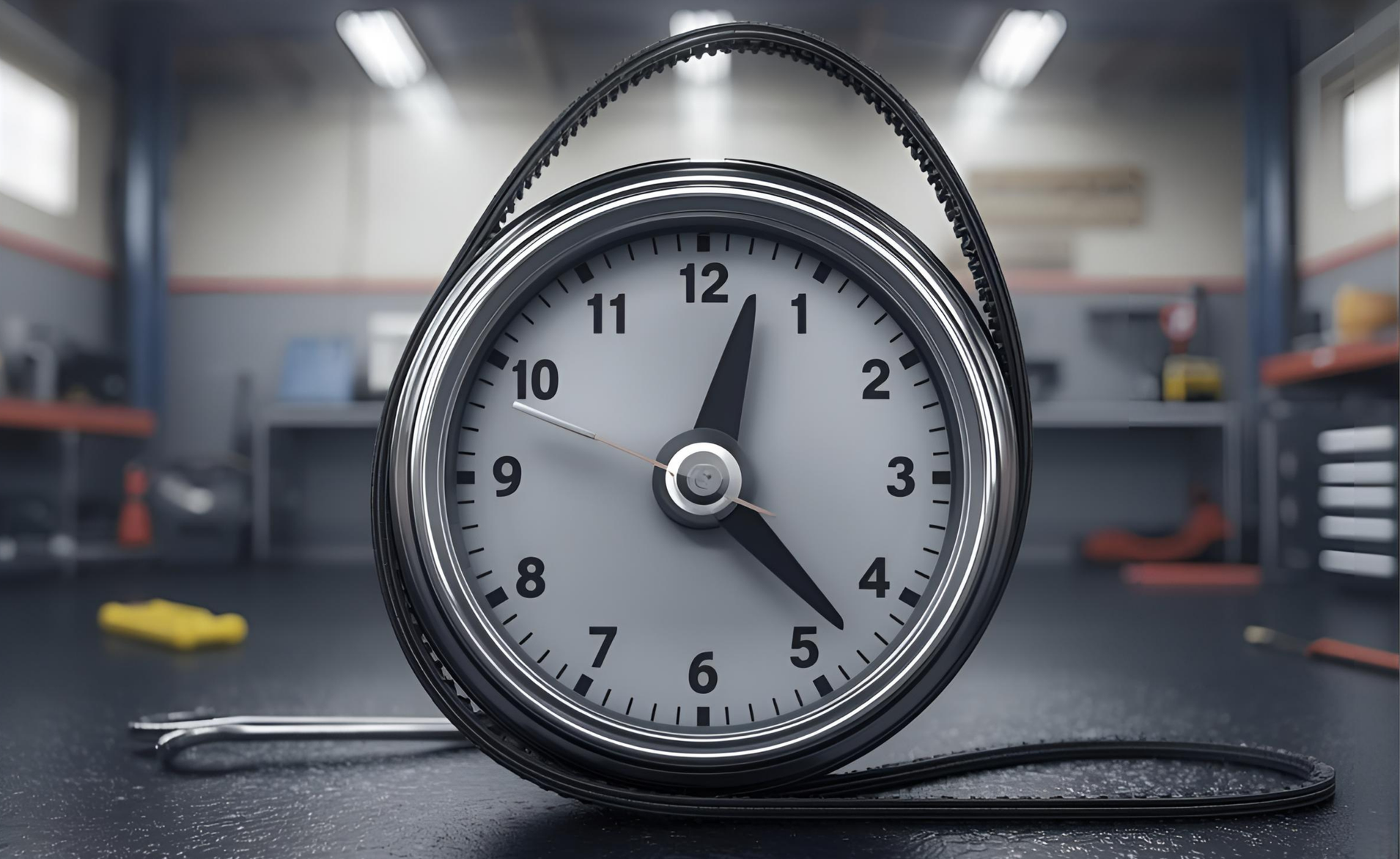 Close-up photo of a vehicle timing belt wrapped around a clock face, symbolizing its
.0 importance