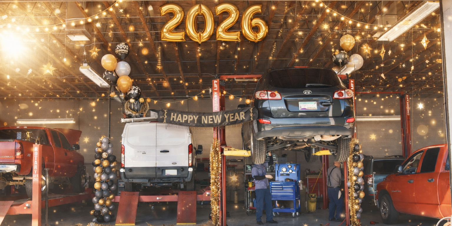 Precision Tire and Auto Center vehicles on lift in the shop, decorated for the 2026 New Year