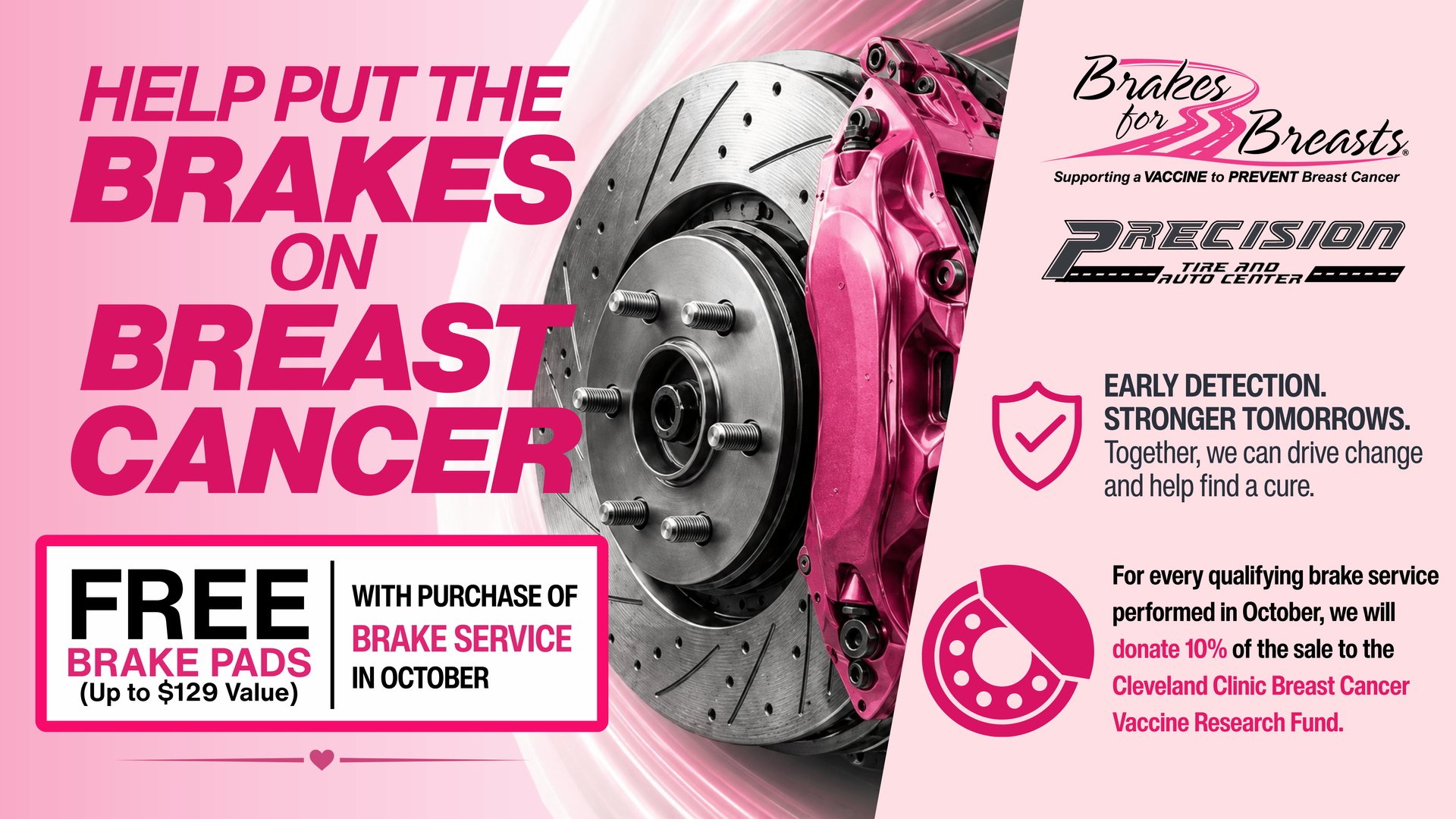 Brakes for Breasts campaign display highlighting brake service and breast cancer research during Oct