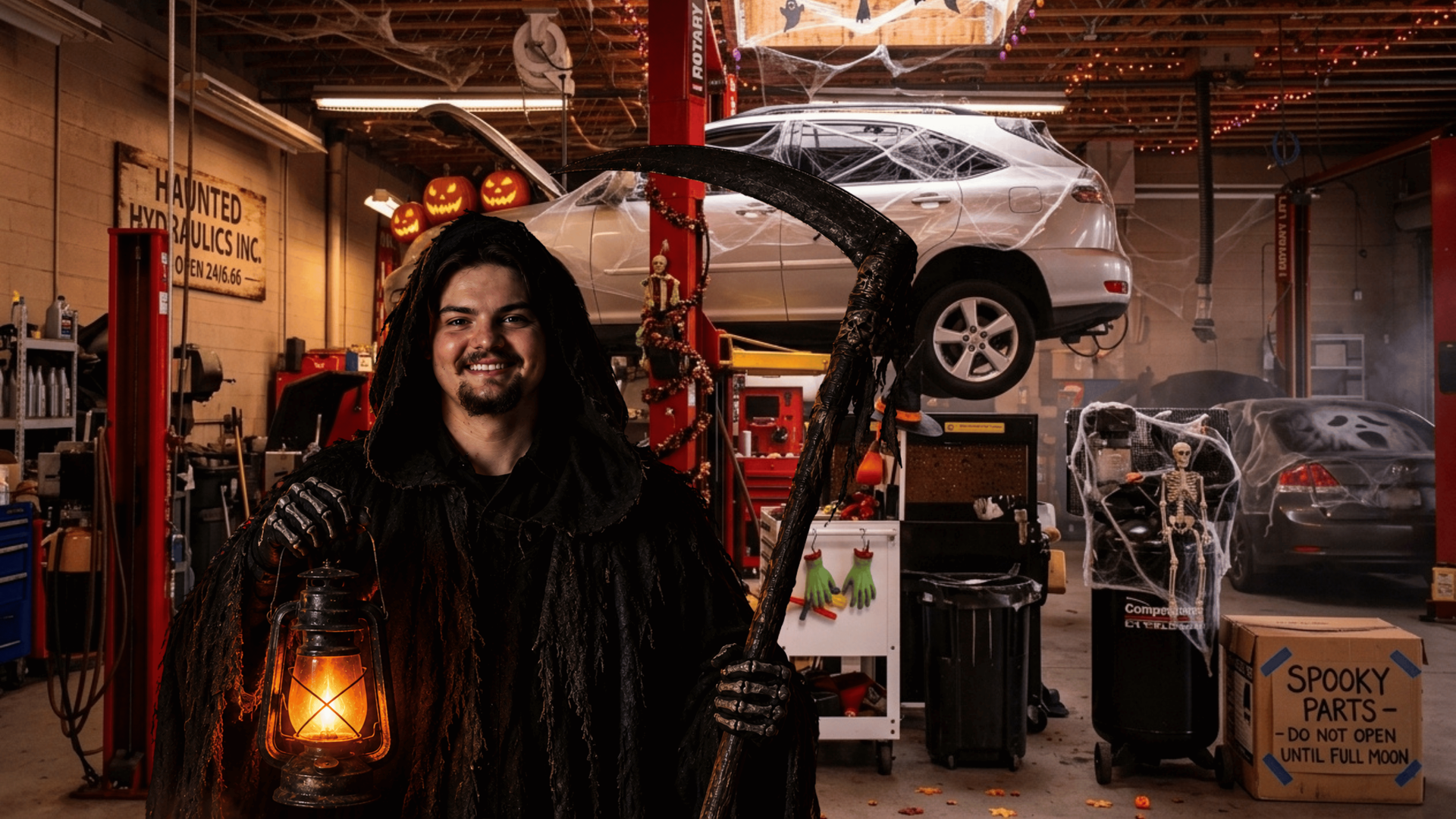 Tech as the Grim Reaper in a Halloween-decorated auto repair shop for a spooky car diagnostic theme