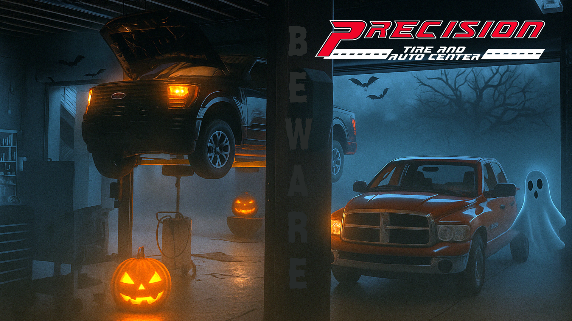 Vehicles inside Precision Tire and Auto Center decorated for Halloween