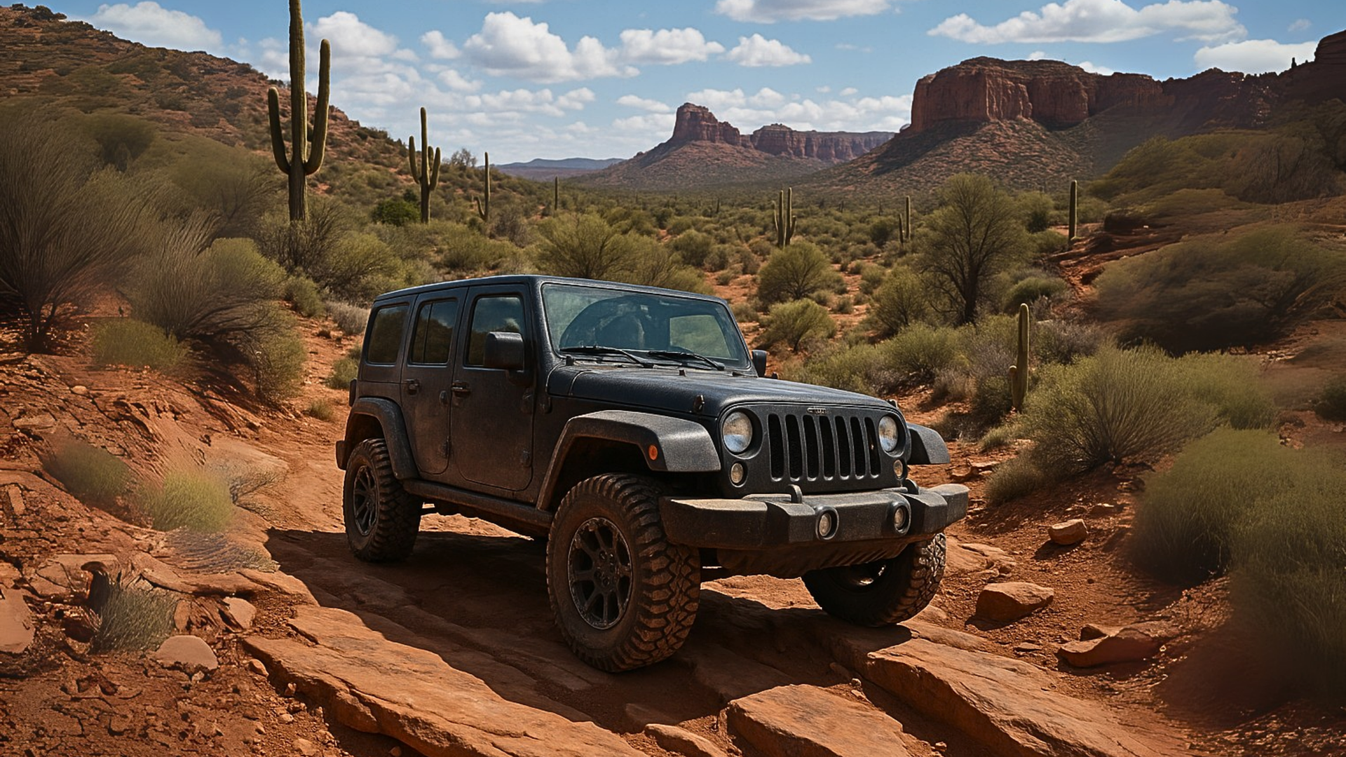 Jeep on Arizona desert trails, a reminder that regular brake and suspension service keeps you safe