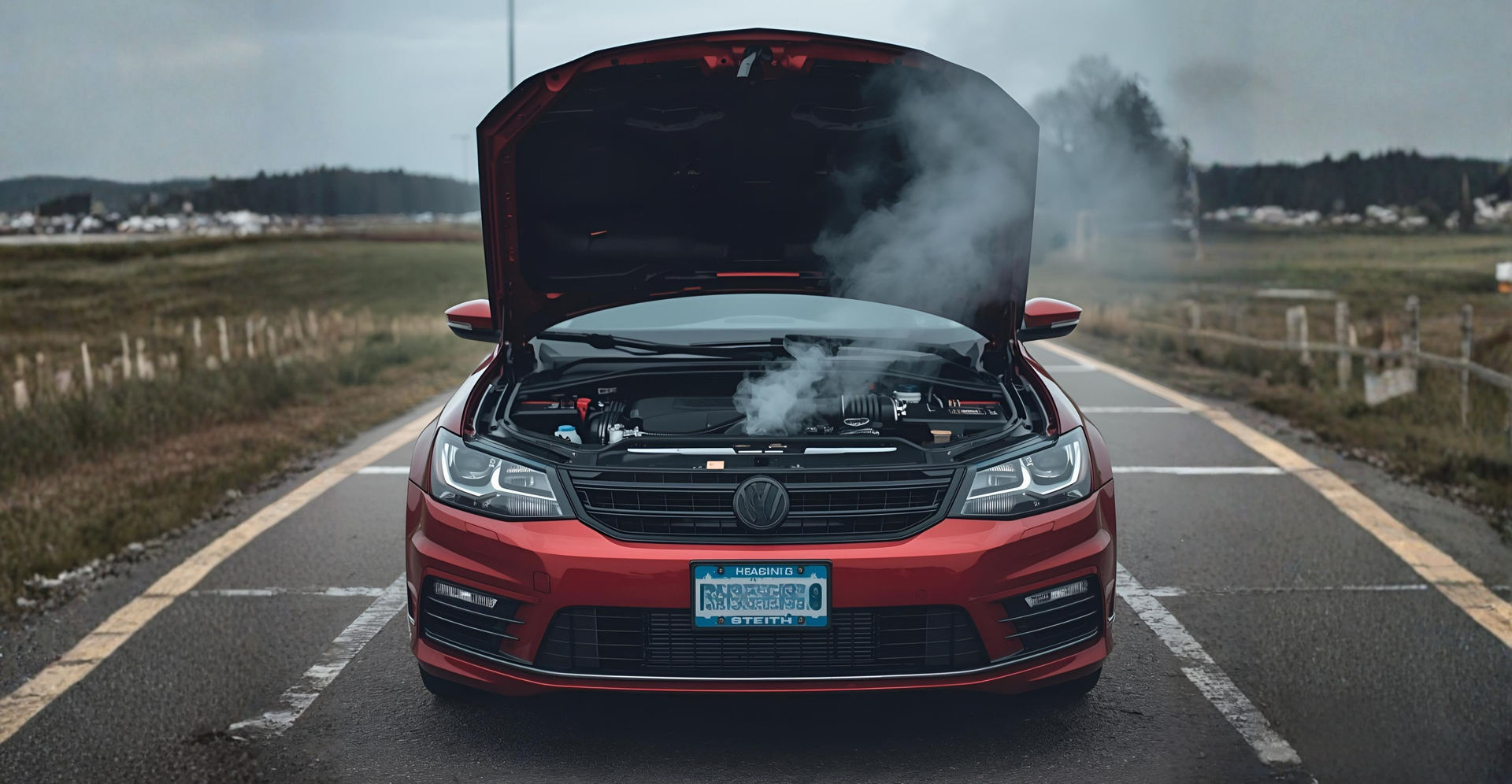 Overheating car engine with hood open showing engine components under heat stress