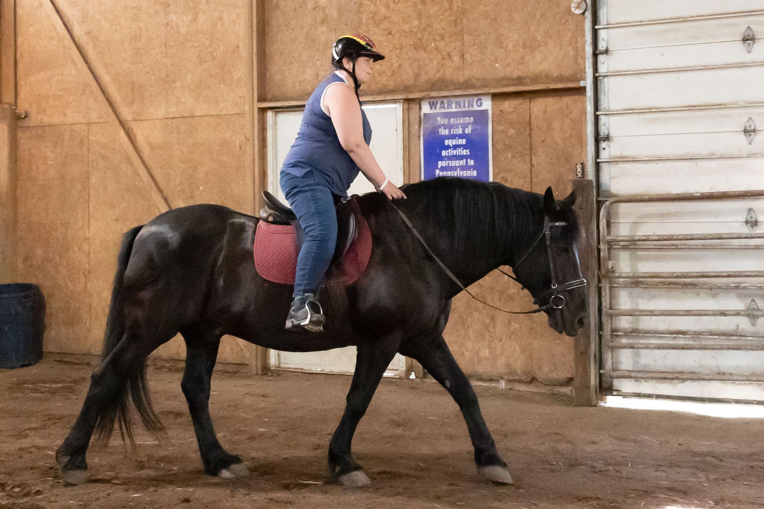 Rider on a black horse in an indoor barn, walking beside a metal door