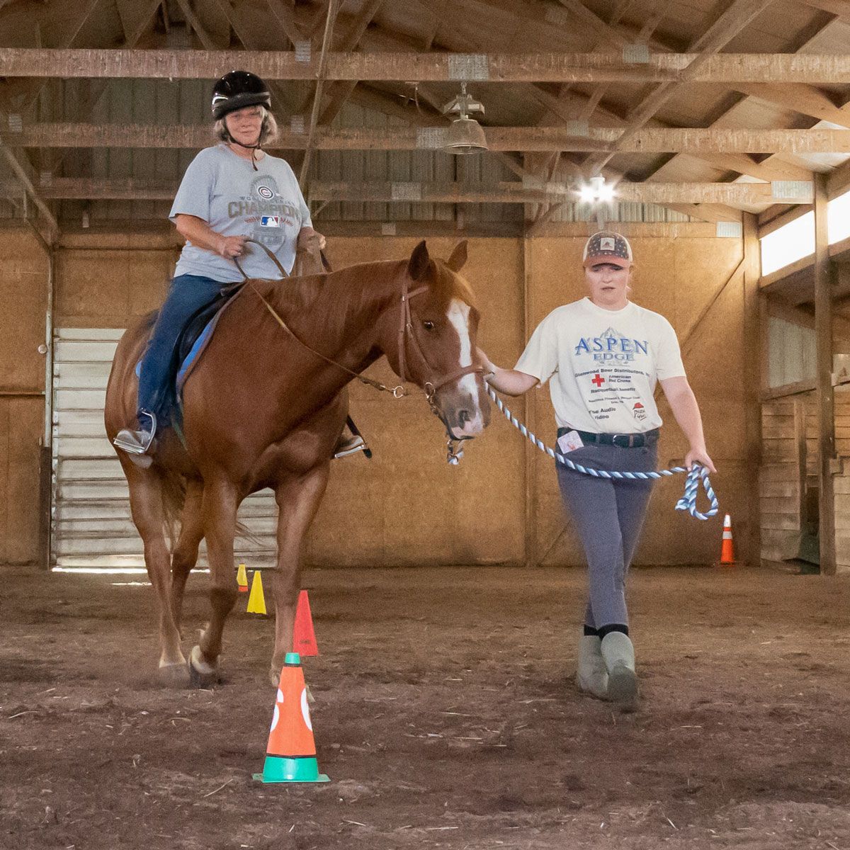 Rider on a brown horse in an indoor arena, led by a person beside orange cones.
