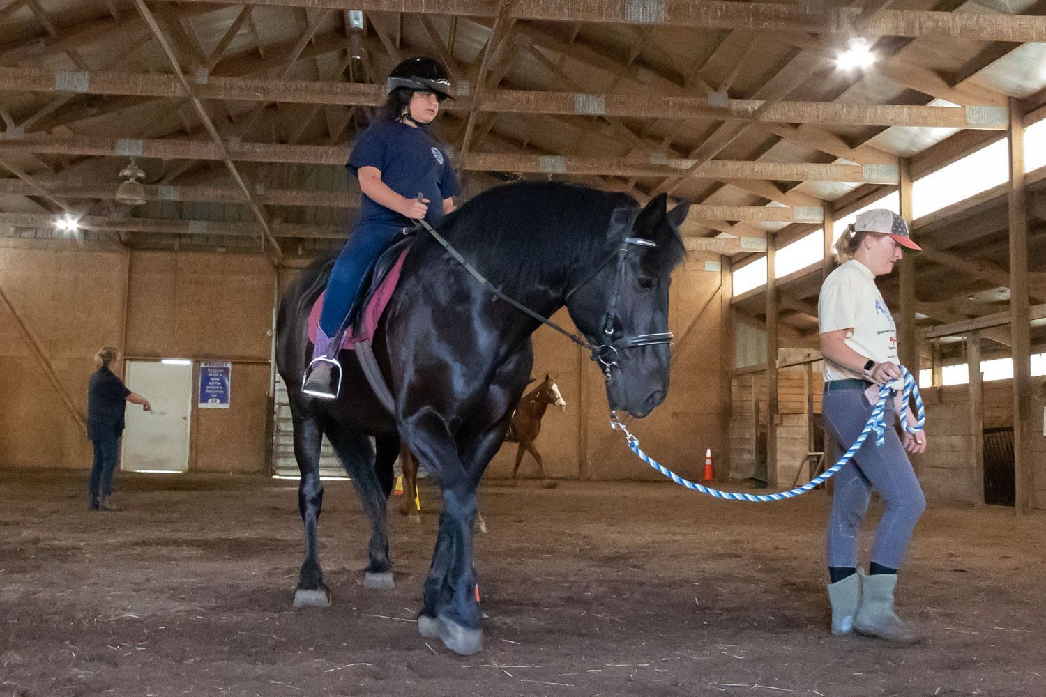 Person on black horse being led indoors in a barn riding arena