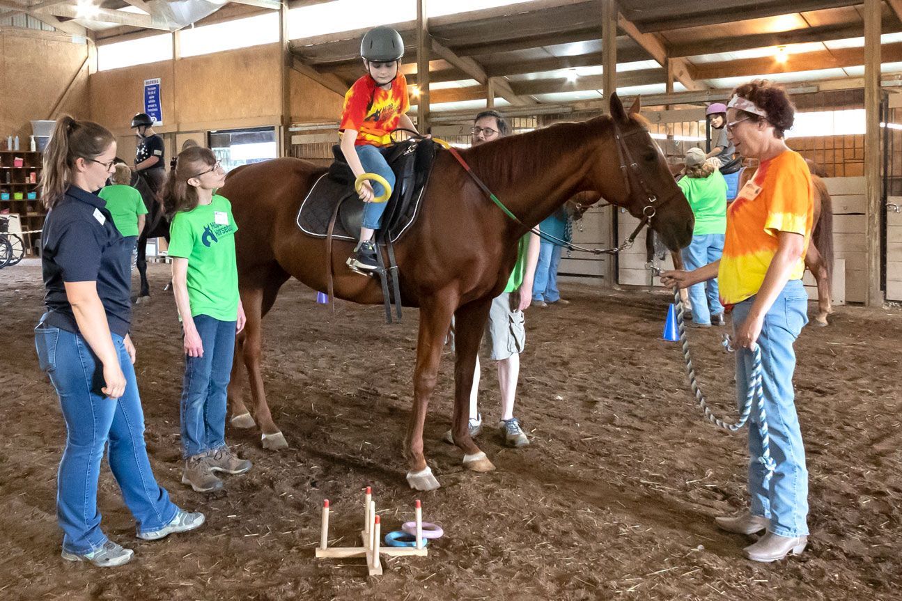 Rider on a brown horse in an indoor arena with three people nearby and poles on the ground