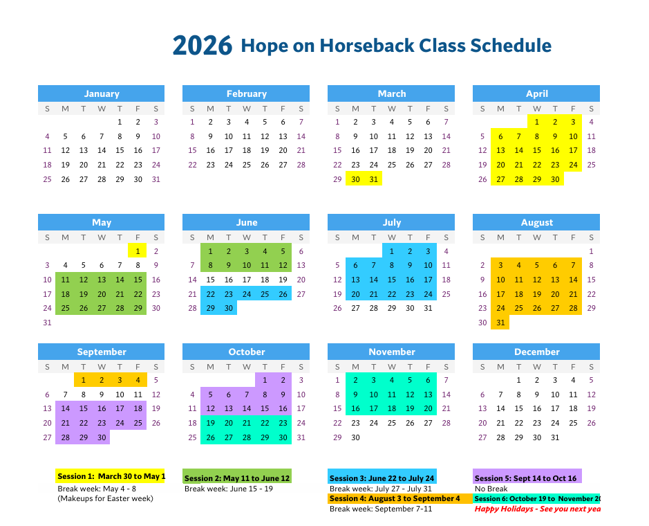 2026 Hope on Horseback class schedule calendar with color-coded month boxes and highlighted dates