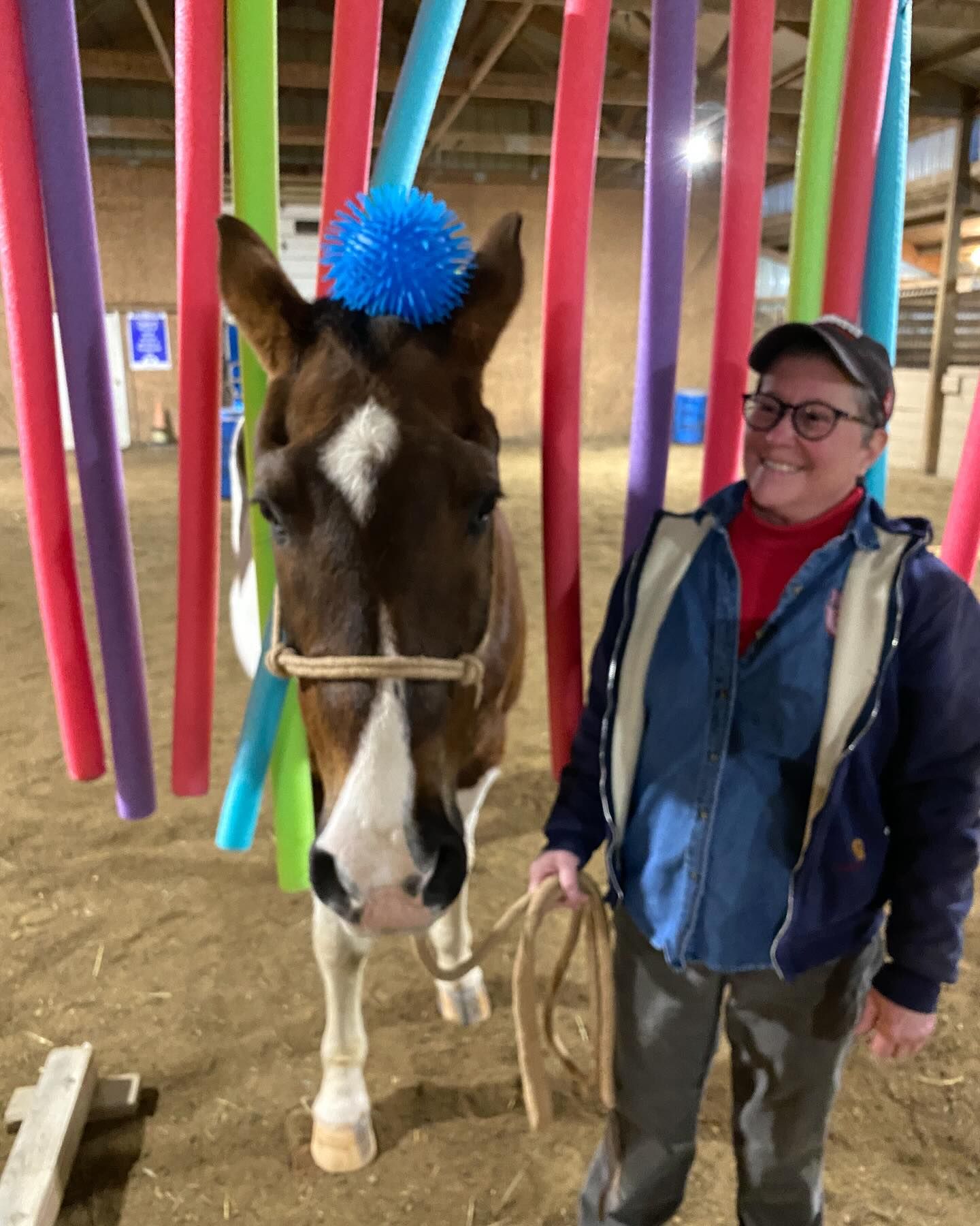 Person smiling beside a horse with colorful hanging ribbons at a fairground.