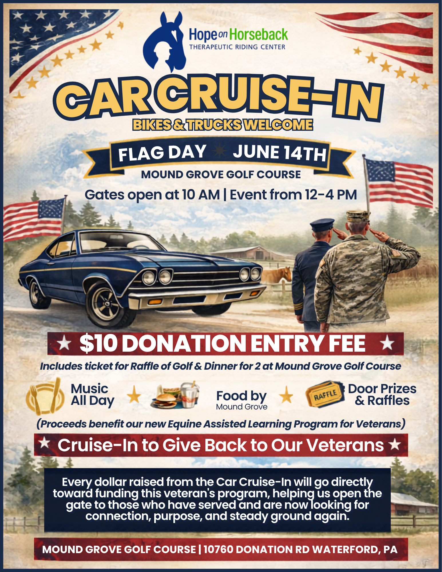 Car cruise-in flyer with classic cars, American flag, and $10 donation entry fee; June 14 at Mount Gilead golf course.