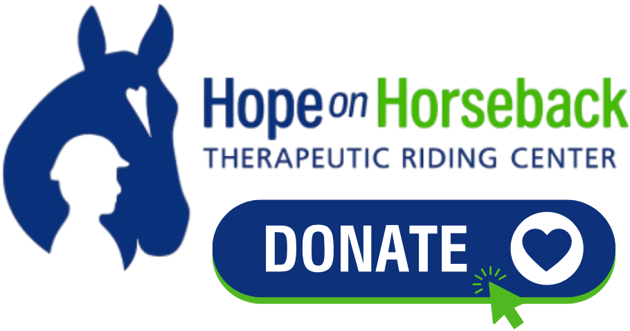 Hope on Horseback therapeutic riding center logo with blue donate button and heart icon