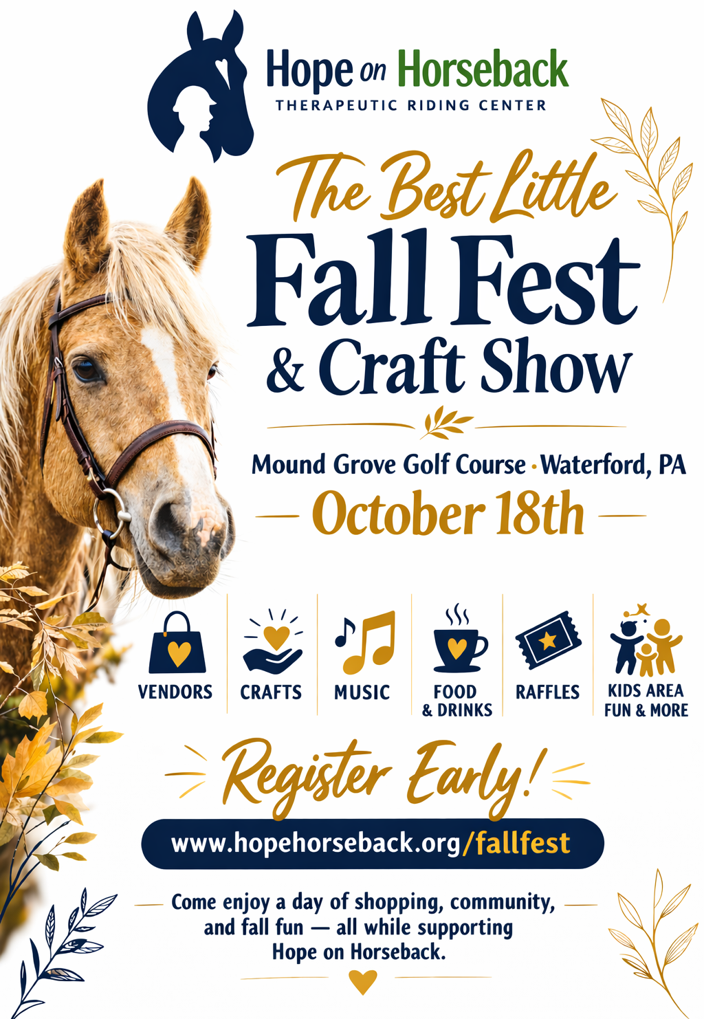 Fall Fest and Craft Show poster with horse, October 18th at Hope on Horseback, Waterford, PA