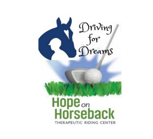 Hope on Horseback therapeutic riding center logo with horse, rider, golf ball, and green grass in blue and green