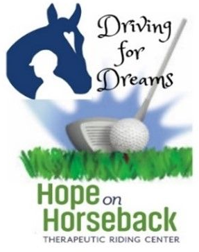 Hope on Horseback therapeutic riding center logo with horse silhouette, golf ball, and “Driving for Dreams” text