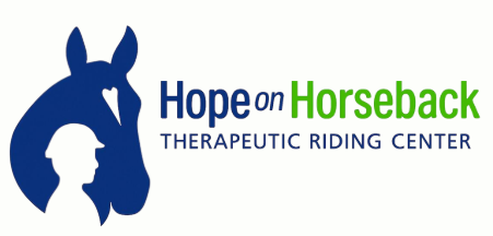 Hope on Horseback Therapeutic Riding Center logo with blue horse and green and blue text