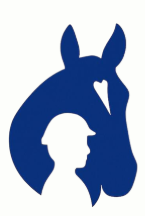 Blue silhouette of a horse’s head behind a white human profile logo