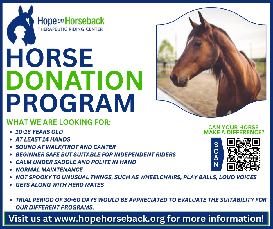 Horse donation program flyer with brown horse photo and blue-green text listing needs and website.