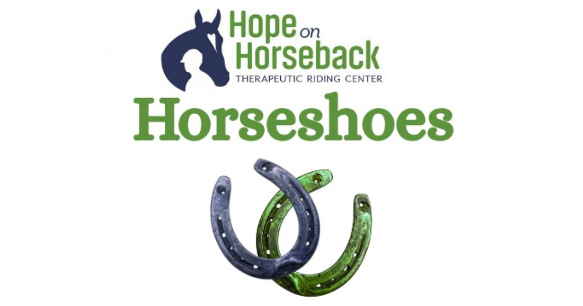 Hope on Horseback Horseshoes logo with two horseshoes and a horse silhouette