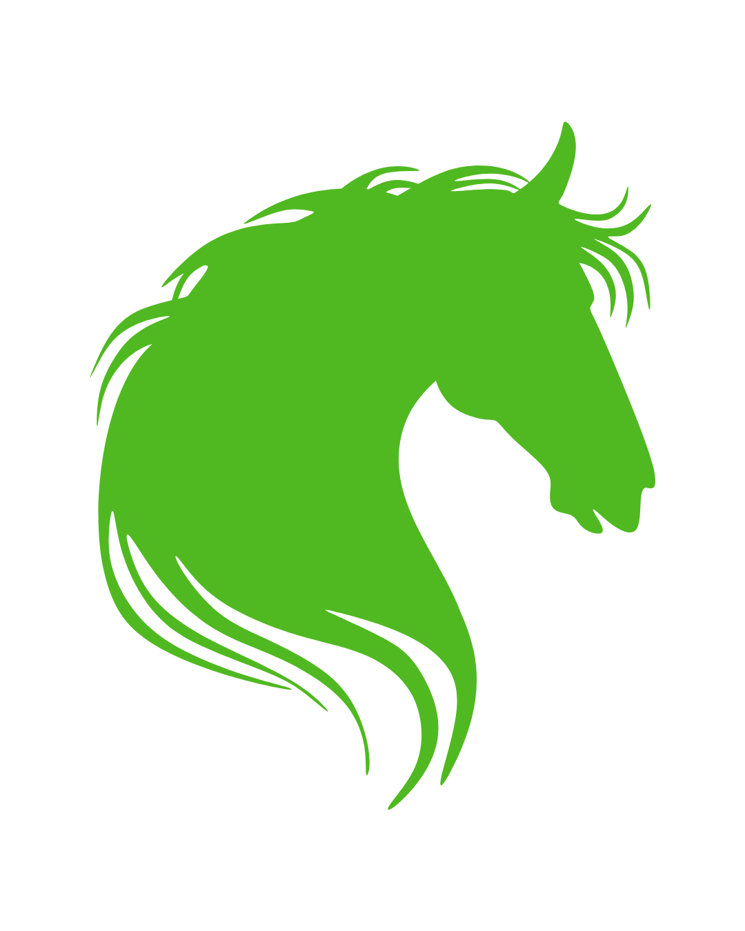Green horse head silhouette logo on a white background
