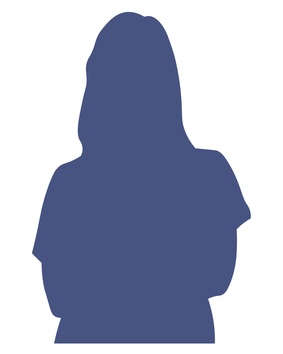 Blue silhouette of a standing person with long hair, centered on a white background