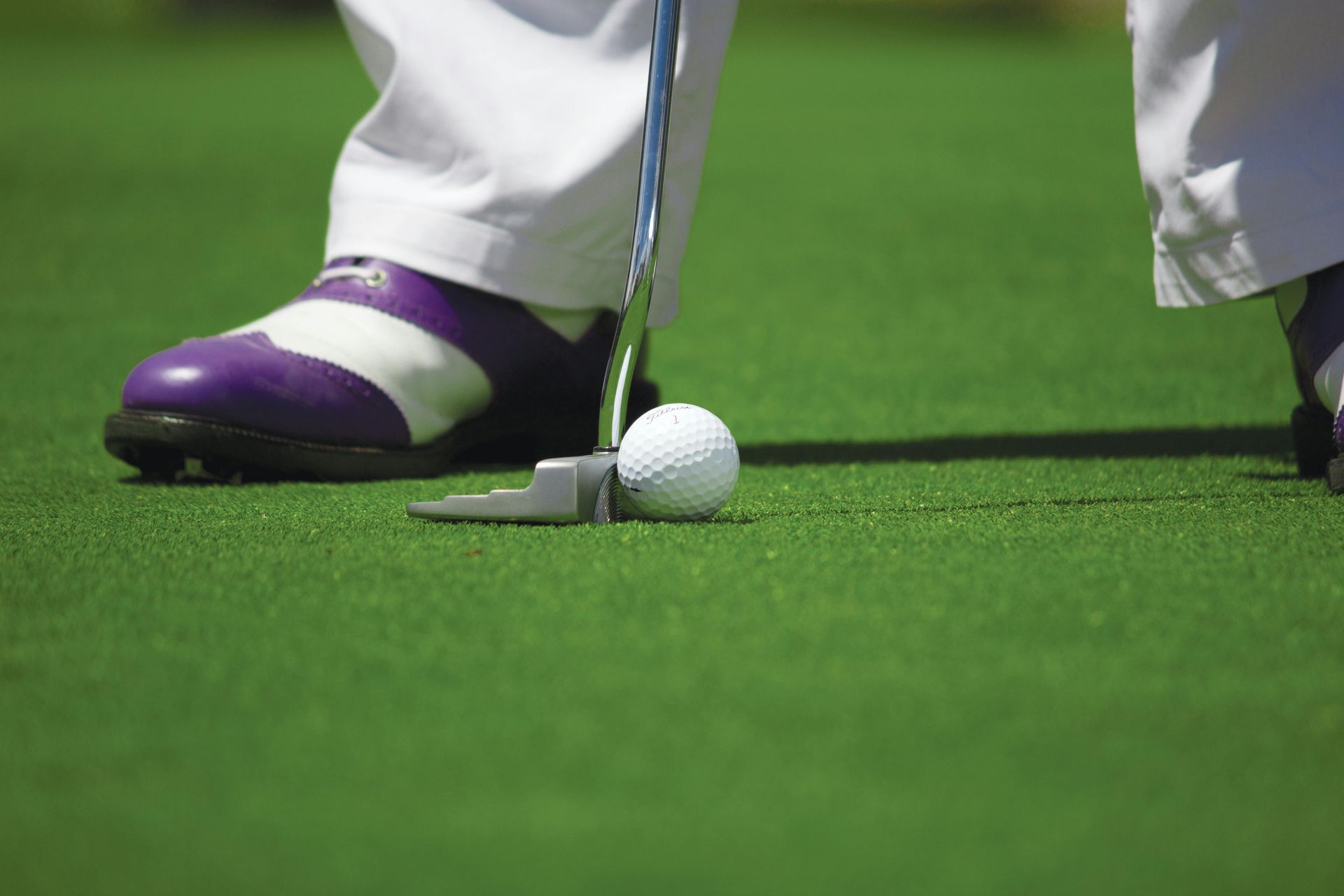 Golfer lining up a putt beside a golf ball on green turf, wearing white pants and purple shoes
