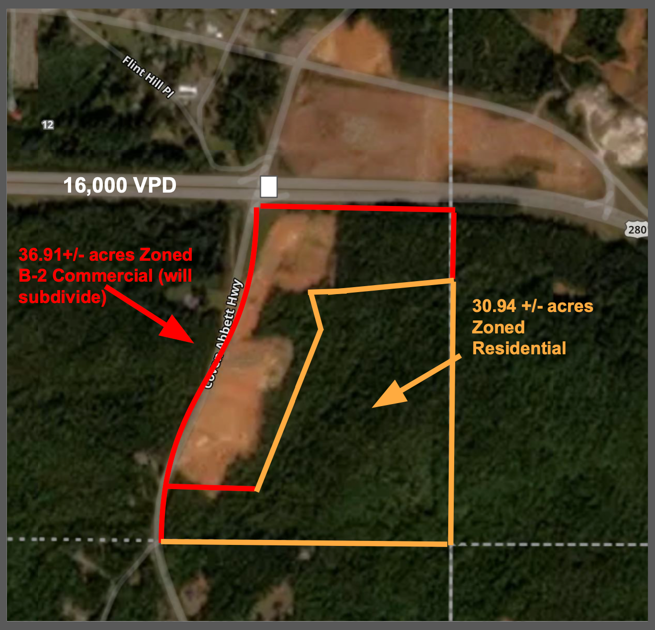 An aerial view of land divided into two zones: 35.91 acres zoned B-2 commercial and 30.94 acres zoned residential.