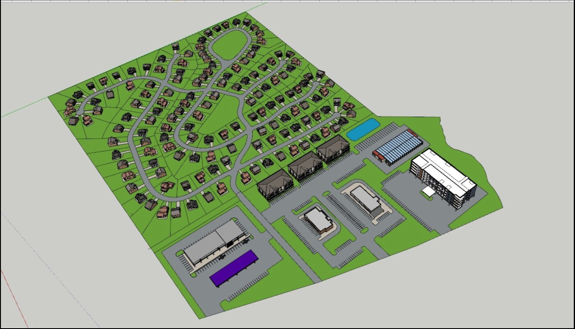An aerial 3D rendering of a neighborhood with residential homes, commercial buildings, and parking lots on green grounds.